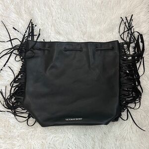 Victoria's Secret Black Fringe Drawstring Tote Bag